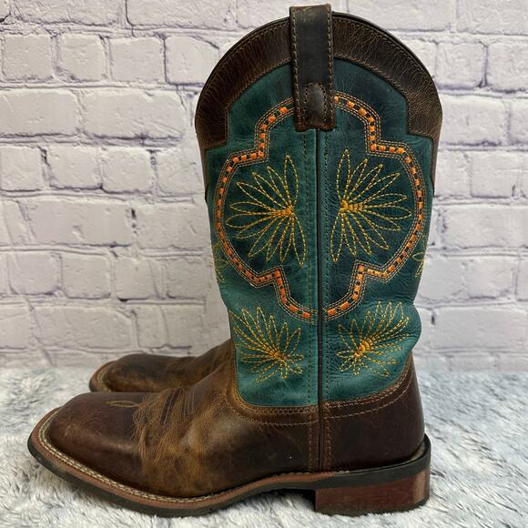 Laredo Cheyenne Western Boots Teal Yellow Leather Cowgirl Farm Size 7M - Picture 7 of 14